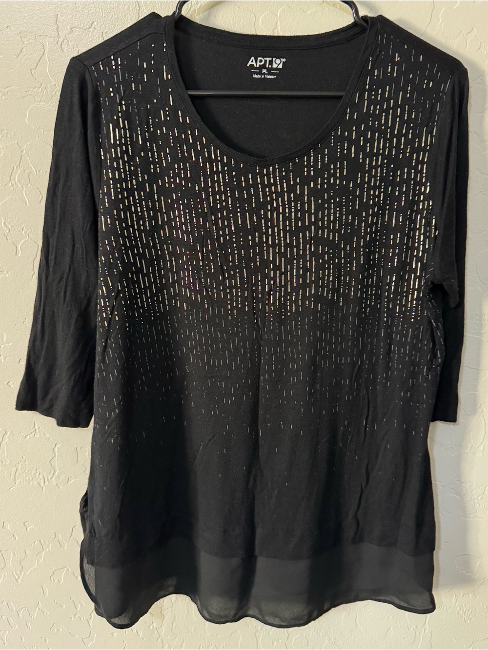 APT. 9 Women’s XL Black Metallic Foil Tunic Top 3/4 Sleeve Sheer Hem